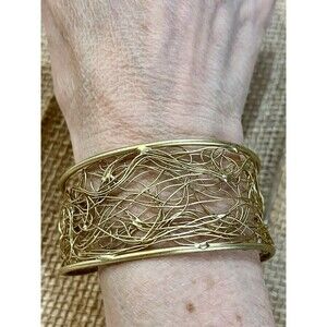 Vintage Brutalist Birds Nest Cuff Bracelet Artisan Gold Tone Bird Lovers